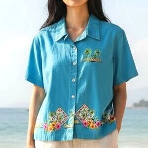 🌊 Vintage Turquoise Crop Top 🌸 Floral Coastal Button-Up | Small